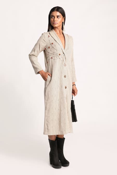 Kritika Murarka Beige Crepe Cotton, Lining Mulmul Floral Embroidery, Pinstripe Blazer Dress Online at Aza Fashions Kritika Murarka_Beige Crepe Cotton, Lining Mulmul Floral Embroidery, Pinstripe Blazer Dress _Online_at_Aza_Fashions