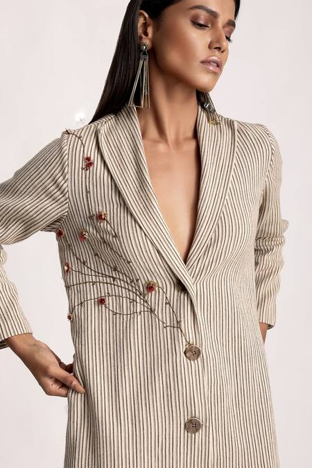 Buy Kritika Murarka Beige Crepe Cotton, Lining Mulmul Floral Embroidery, Pinstripe Blazer Dress Online at Aza Fashions Buy_Kritika Murarka_Beige Crepe Cotton, Lining Mulmul Floral Embroidery, Pinstripe Blazer Dress _Online_at_Aza_Fashions