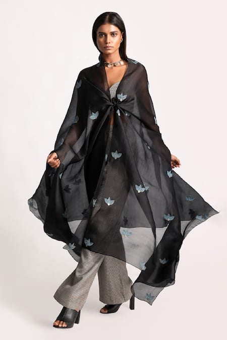 Kritika Murarka Black Cotton, Organza Silk Floral Bustier Sweetheart Neck, Cape Pant Set Online at Aza Fashions Kritika Murarka_Black Cotton, Organza Silk Floral Bustier Sweetheart Neck, Cape Pant Set_Online_at_Aza_Fashions