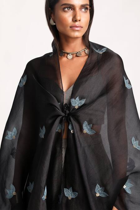 Shop Kritika Murarka Black Cotton, Organza Silk Floral Bustier Sweetheart Neck, Cape Pant Set Online at Aza Fashions Shop_Kritika Murarka_Black Cotton, Organza Silk Floral Bustier Sweetheart Neck, Cape Pant Set_Online_at_Aza_Fashions