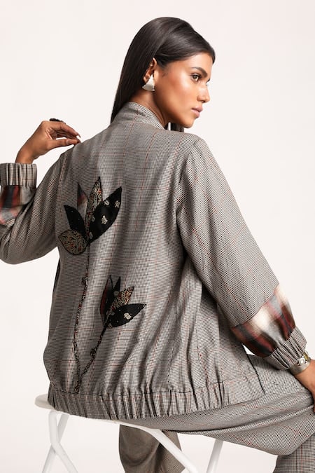 Shop Kritika Murarka Black , Wool Blend Lining Taffeta Lotus Applique Bomber Jacket Online at Aza Fashions Shop_Kritika Murarka_Black , Wool Blend Lining Taffeta Lotus Applique Bomber Jacket _Online_at_Aza_Fashions