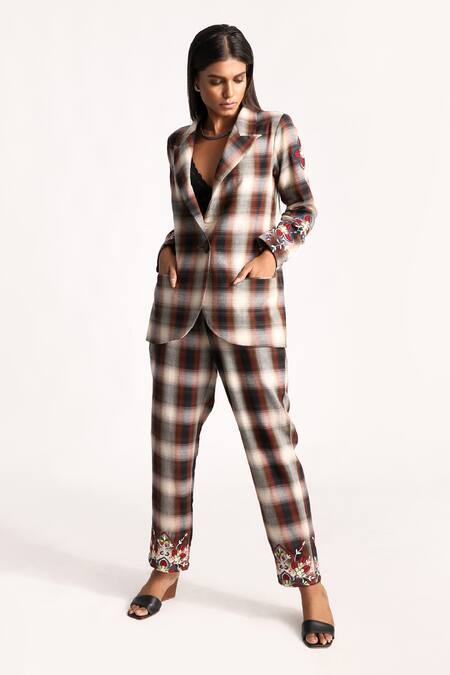 Kritika Murarka_Beige Cotton Wool Blend Plaid Pattern Embroidered Blazer Pant Set  _Online_at_Aza_Fashions