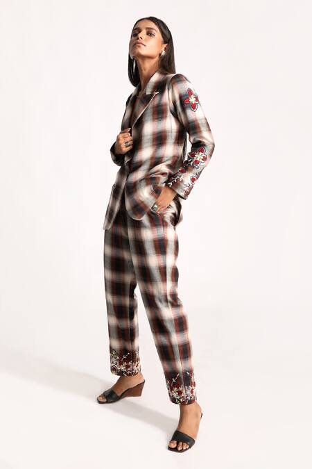 Buy_Kritika Murarka_Beige Cotton Wool Blend Plaid Pattern Embroidered Blazer Pant Set  _Online_at_Aza_Fashions