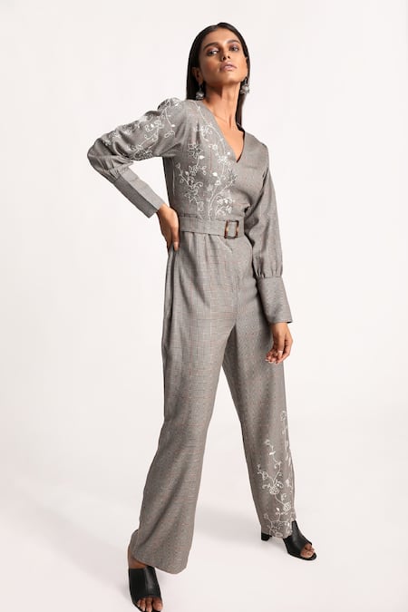 Kritika Murarka Black Cotton Floral V Neck Embroidered Houndstooth Pattern Jumpsuit Online at Aza Fashions Kritika Murarka_Black Cotton Floral V Neck Embroidered Houndstooth Pattern Jumpsuit _Online_at_Aza_Fashions