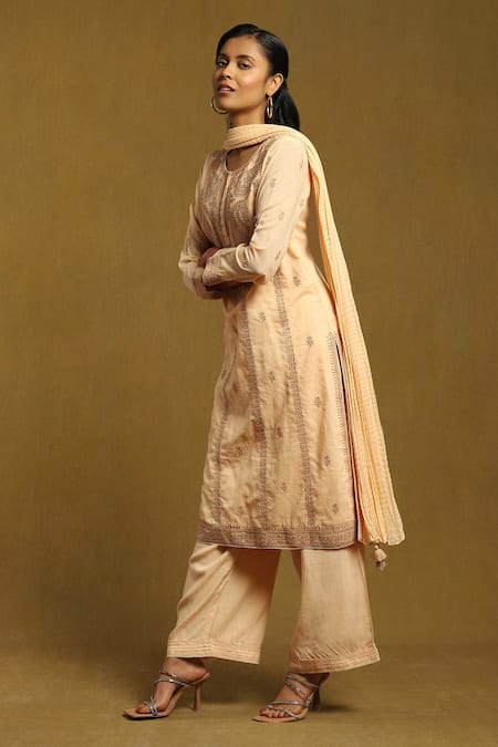 Ritu Kumar_Beige Cotton Satin Embroidery Round Neck Kurta Palazzo Set_Online_at_Aza_Fashions