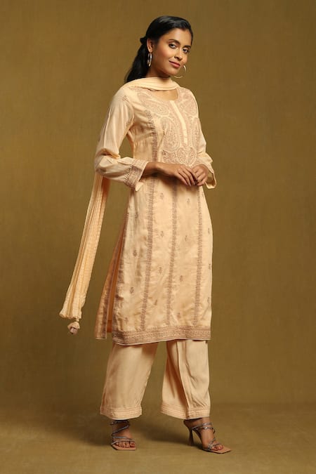 Buy_Ritu Kumar_Beige Cotton Satin Embroidery Round Neck Kurta Palazzo Set_Online_at_Aza_Fashions