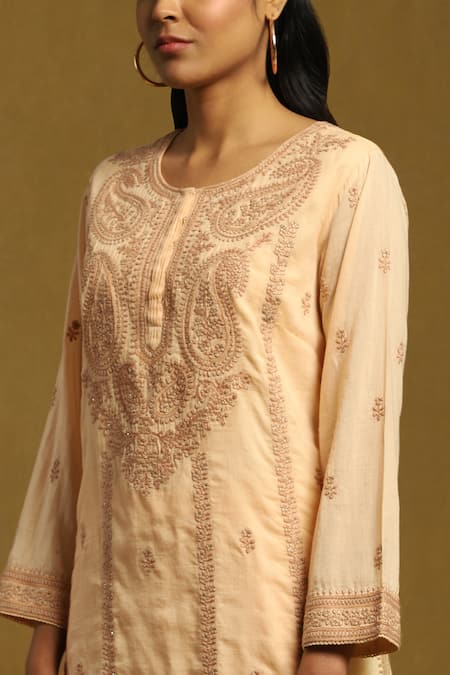Shop_Ritu Kumar_Beige Cotton Satin Embroidery Round Neck Kurta Palazzo Set_Online_at_Aza_Fashions