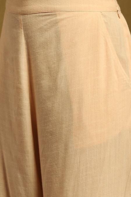 Ritu Kumar_Beige Cotton Satin Embroidery Round Neck Kurta Palazzo Set_at_Aza_Fashions