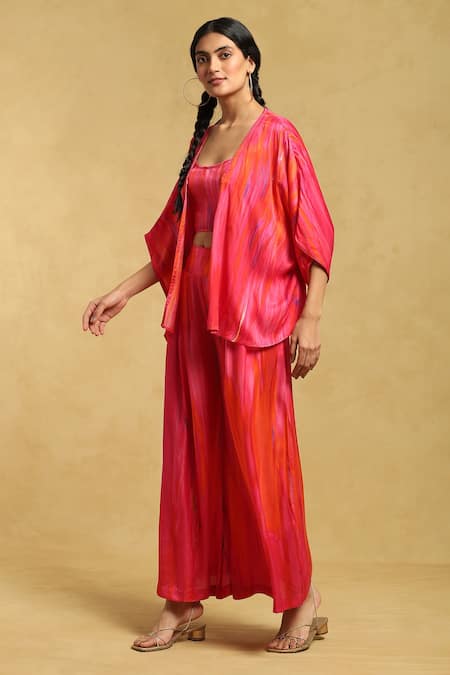Ritu Kumar_Pink Denim Scoop , Round Abstract Streak Printed Shrug And Palazzo Set _Online_at_Aza_Fashions