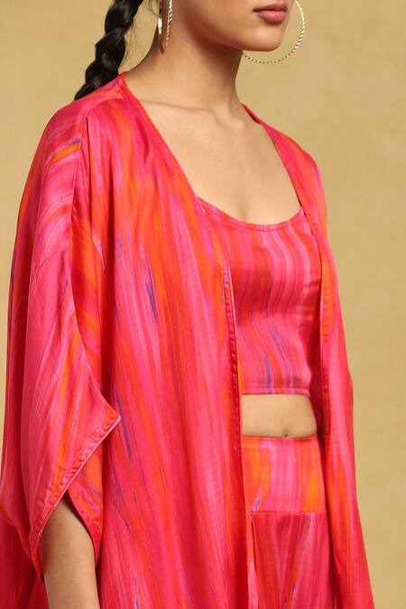 Shop_Ritu Kumar_Pink Denim Scoop , Round Abstract Streak Printed Shrug And Palazzo Set _Online_at_Aza_Fashions