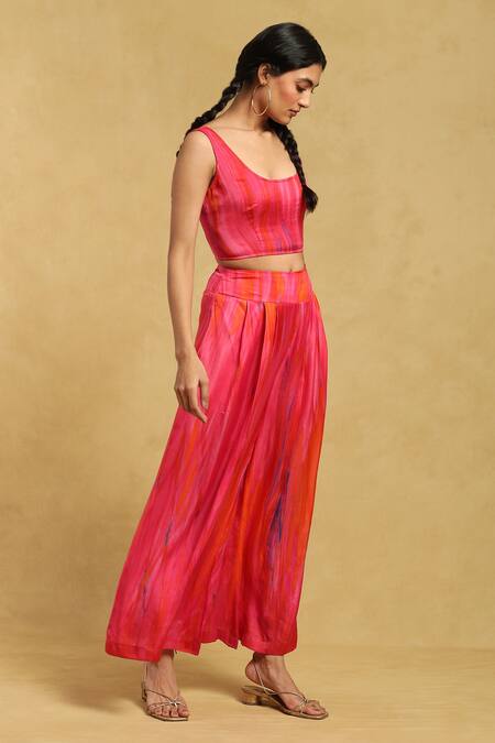 Buy_Ritu Kumar_Pink Denim Scoop , Round Abstract Streak Printed Shrug And Palazzo Set 