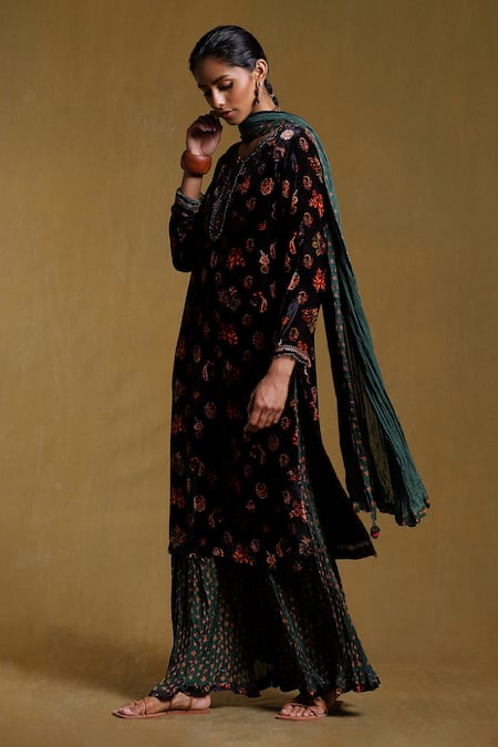 Ritu Kumar_Black Dupatta 66x50 , Kurta Silk Velvet, Sharara Set_Online_at_Aza_Fashions