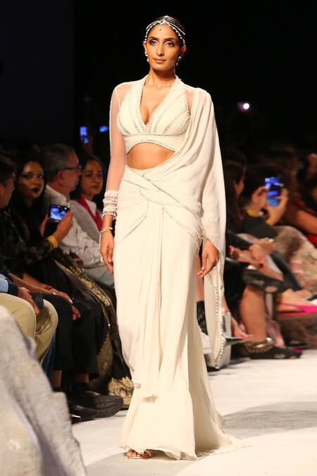 Tarun Tahiliani_Ivory Silk, Chiffon Embroidery Concept Pre-draped Saree With Fluted Blouse_Online_at_Aza_Fashions