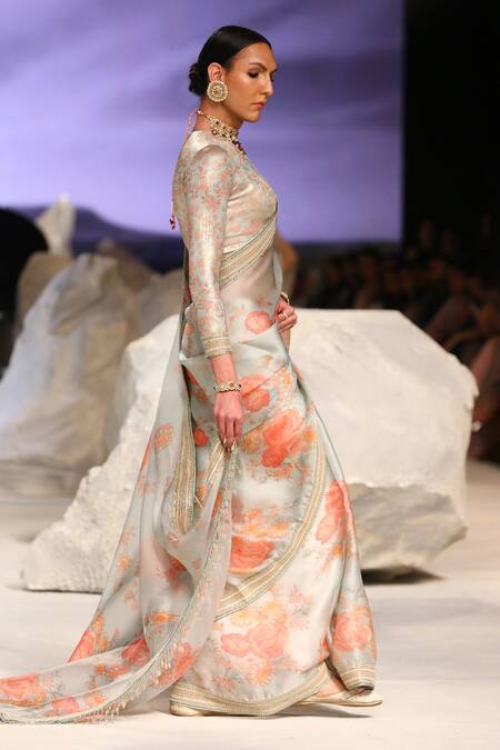 Tarun Tahiliani_Green Satin, Organza, Jersey Tassels, Embroidery Floral Print Saree With Blouse_Online_at_Aza_Fashions