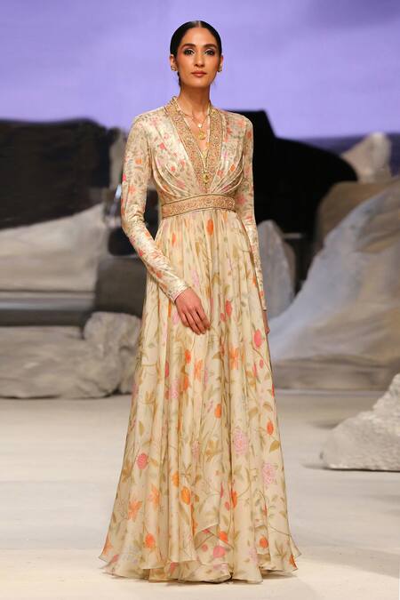 Tarun Tahiliani_Beige Satin, Organza, Net, Tulle, Chiffon Embroidery Garden Print Anarkali Set_Online_at_Aza_Fashions