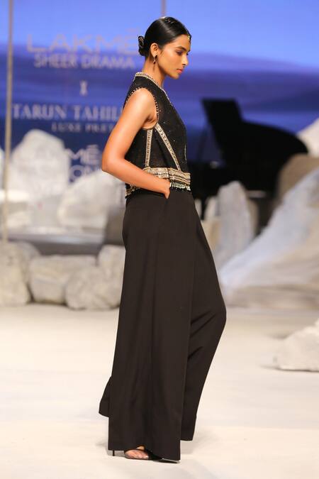Buy_Tarun Tahiliani_Black Crepe Embroidery, Tassels V-neck Halter Jumpsuit With Textured Gilet_Online_at_Aza_Fashions