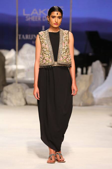 Tarun Tahiliani_Black Georgette, Tulle Embroidery, Beads Round Neck Dhoti Gown And Gilet Set_Online_at_Aza_Fashions