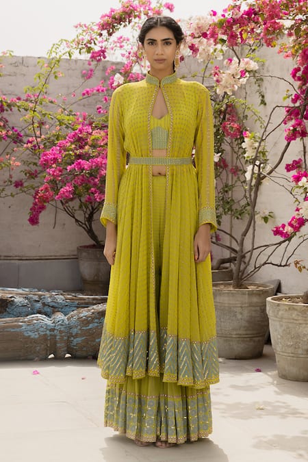 Surbhi Gupta_Green Georgette, Cotton Silk Mandarin Collar Printed Anarkali Cape And Sharara Set _Online_at_Aza_Fashions