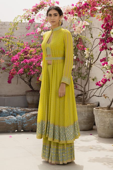 Buy_Surbhi Gupta_Green Georgette, Cotton Silk Mandarin Collar Printed Anarkali Cape And Sharara Set _Online_at_Aza_Fashions