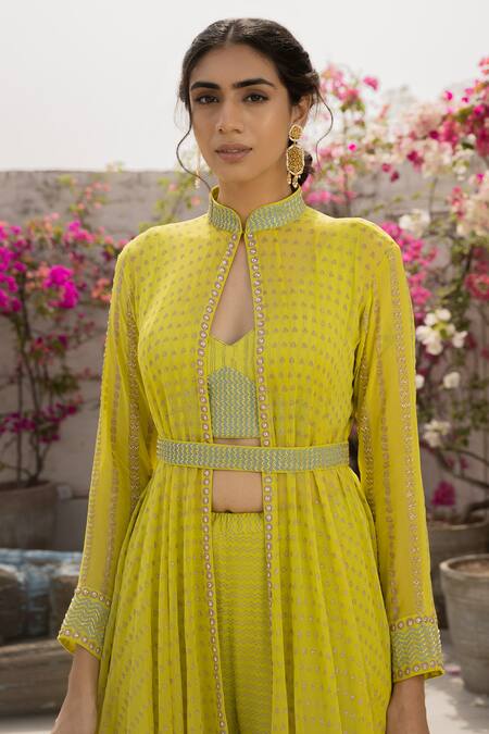 Shop_Surbhi Gupta_Green Georgette, Cotton Silk Mandarin Collar Printed Anarkali Cape And Sharara Set _Online_at_Aza_Fashions