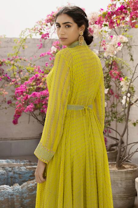 Surbhi Gupta_Green Georgette, Cotton Silk Mandarin Collar Printed Anarkali Cape And Sharara Set _at_Aza_Fashions