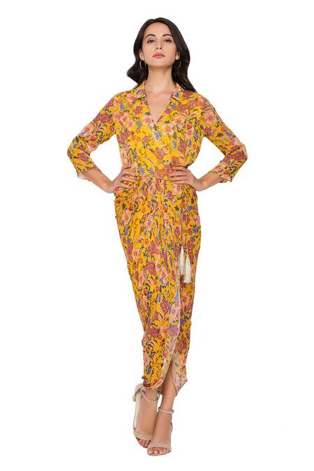Soup By Sougat Paul Yellow Sequin Fabric V Neck Draped Floral Print Dress Online at Aza Fashions Soup By Sougat Paul_Yellow Sequin Fabric V Neck Draped Floral Print Dress _Online_at_Aza_Fashions