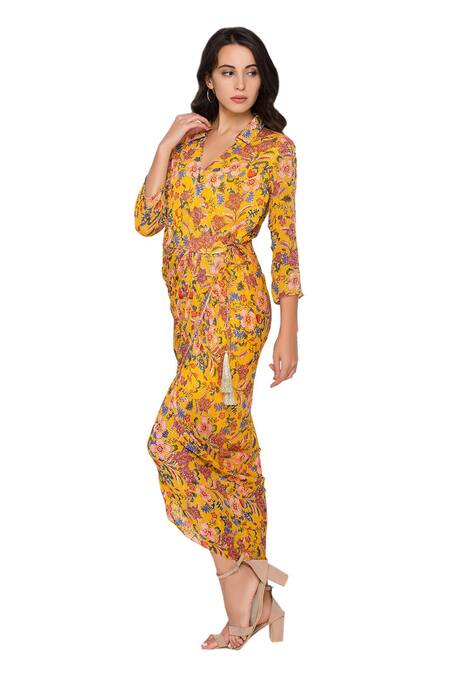Buy Soup By Sougat Paul Yellow Sequin Fabric V Neck Draped Floral Print Dress Online at Aza Fashions Buy_Soup By Sougat Paul_Yellow Sequin Fabric V Neck Draped Floral Print Dress _Online_at_Aza_Fashions