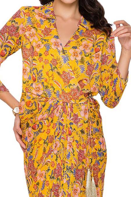 Shop Soup By Sougat Paul Yellow Sequin Fabric V Neck Draped Floral Print Dress Online at Aza Fashions Shop_Soup By Sougat Paul_Yellow Sequin Fabric V Neck Draped Floral Print Dress _Online_at_Aza_Fashions