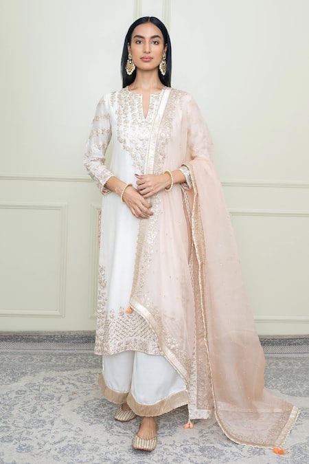 Sheetal Batra White Silk Chanderi Embroidery Notched Kurta Set 