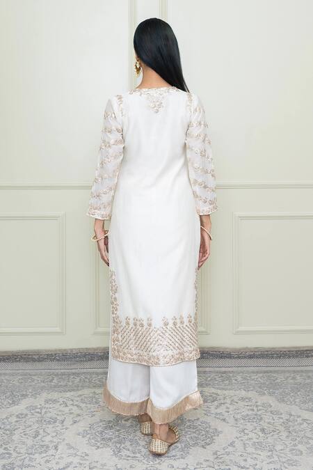 Shop_Sheetal Batra_White Organza, Bamberg, Chanderi Notched Kurta Set _at_Aza_Fashions
