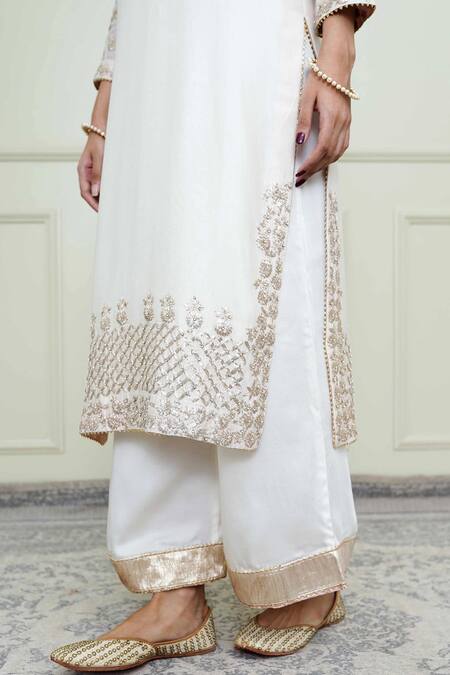 Shop_Sheetal Batra_White Organza, Bamberg, Chanderi Notched Kurta Set _Online_at_Aza_Fashions