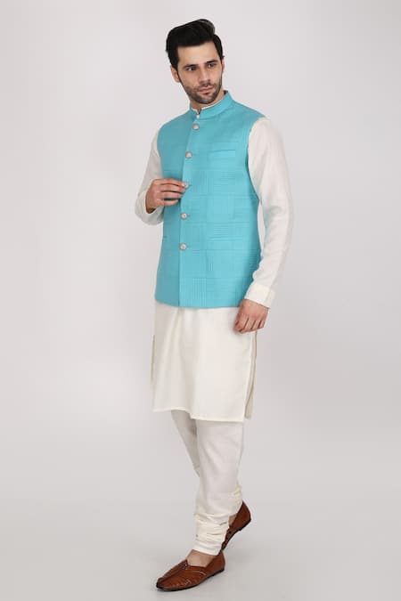 Manish Nagdeo_Blue Ruby Silk Quilted Bundi And Kurta Set _Online_at_Aza_Fashions