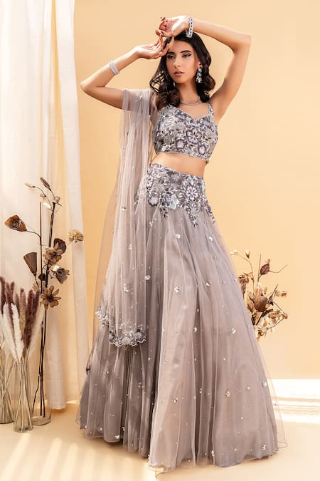 Silky Bindra Grey Shantoon, Tulle Net Sweetheart Neck Embellished Lehenga Set 