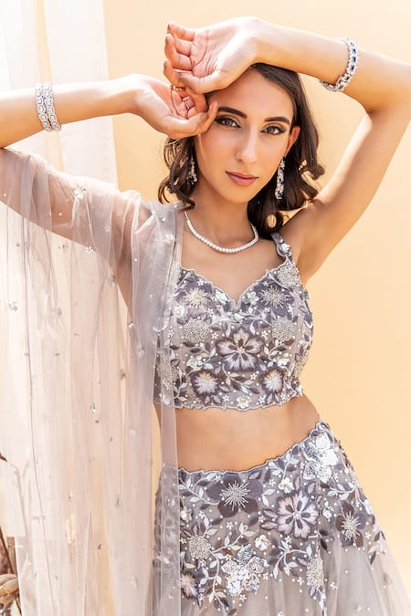 Silky Bindra Grey Shantoon, Tulle Net Sweetheart Neck Embellished Lehenga Set Online at Aza Fashions Silky Bindra_Grey Shantoon, Tulle Net Sweetheart Neck Embellished Lehenga Set _Online_at_Aza_Fashions
