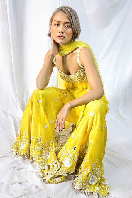 Maiti Shahani_Yellow Net, Viscose Dupion Bead Work, Resham Work, Embroidered Kurta Sharara Set _Online_at_Aza_Fashions