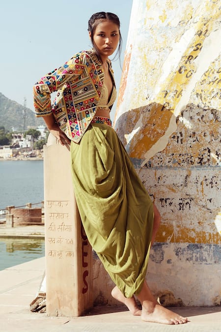 Shop Karishma Khanduja Bareilly Multi Color Crepe Open Embroidered Jacket And Draped Skirt Set at Aza Fashions Shop_Karishma Khanduja Bareilly_Multi Color Crepe Open Embroidered Jacket And Draped Skirt Set _at_Aza_Fashions