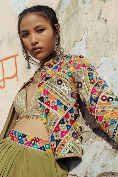 Buy Karishma Khanduja Bareilly Multi Color Crepe Open Embroidered Jacket And Draped Skirt Set Online at Aza Fashions Buy_Karishma Khanduja Bareilly_Multi Color Crepe Open Embroidered Jacket And Draped Skirt Set _Online_at_Aza_Fashions