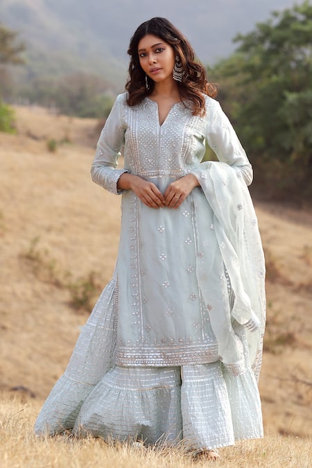 Gopi Vaid_Green Kurta Silk Dupatta Organza Sharara V Embroidered Set_Online_at_Aza_Fashions