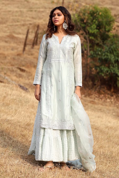 Buy_Gopi Vaid_Green Kurta Silk Dupatta Organza Sharara V Embroidered Set_Online_at_Aza_Fashions