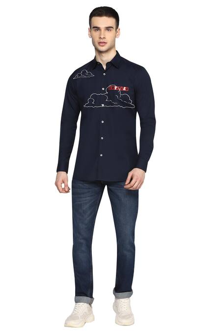 Buy Noonoo Blue Giza Cotton Embroidered Slim-fit Shirt Online at Aza Fashions Buy_Noonoo_Blue Giza Cotton Embroidered Slim-fit Shirt _Online_at_Aza_Fashions