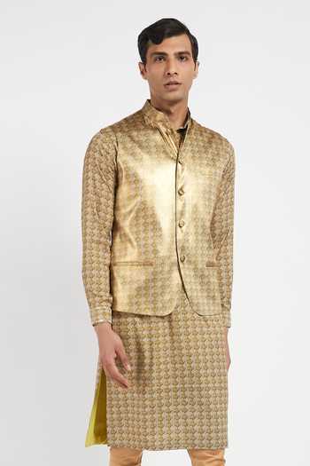 Rabani & Rakha_Gold Kurta Crepe Bundi Foil Dupion Churidar Cotton Silk Printed Set _Online_at_Aza_Fashions