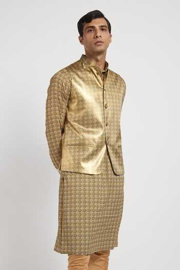 Buy_Rabani & Rakha_Gold Kurta Crepe Bundi Foil Dupion Churidar Cotton Silk Printed Set _Online_at_Aza_Fashions