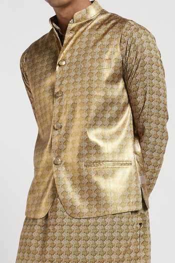 Shop_Rabani & Rakha_Gold Kurta Crepe Bundi Foil Dupion Churidar Cotton Silk Printed Set _Online_at_Aza_Fashions