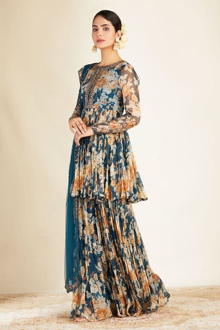 Astha Narang Blue Net, Crepe, Chiffon Round Floral Print Kurta Sharara Set