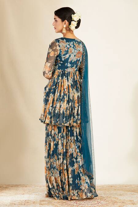 Shop Astha Narang Blue Net, Crepe, Chiffon Round Floral Print Kurta Sharara Set at Aza Fashions Shop_Astha Narang_Blue Net, Crepe, Chiffon Round Floral Print Kurta Sharara Set _at_Aza_Fashions