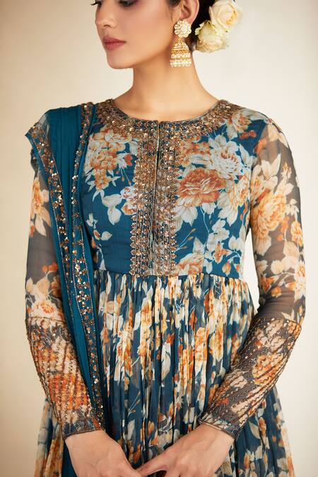 Shop Astha Narang Blue Net, Crepe, Chiffon Round Floral Print Kurta Sharara Set Online at Aza Fashions Shop_Astha Narang_Blue Net, Crepe, Chiffon Round Floral Print Kurta Sharara Set _Online_at_Aza_Fashions