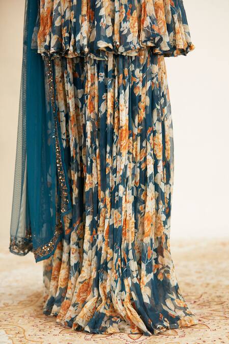 Astha Narang Blue Net, Crepe, Chiffon Round Floral Print Kurta Sharara Set at Aza Fashions Astha Narang_Blue Net, Crepe, Chiffon Round Floral Print Kurta Sharara Set _at_Aza_Fashions