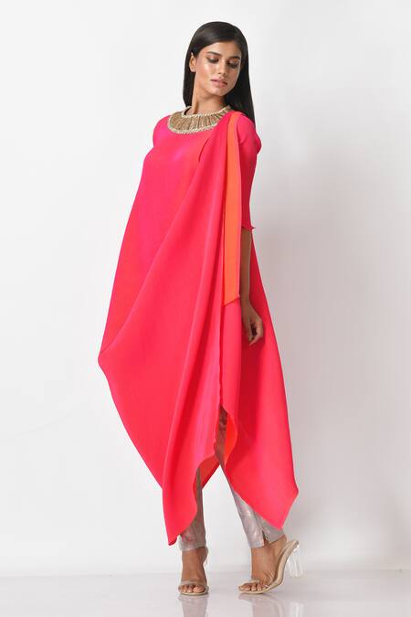 Buy_Kiran Uttam Ghosh_Pink Pleated Polyester Round Asymmetric Tunic_Online_at_Aza_Fashions