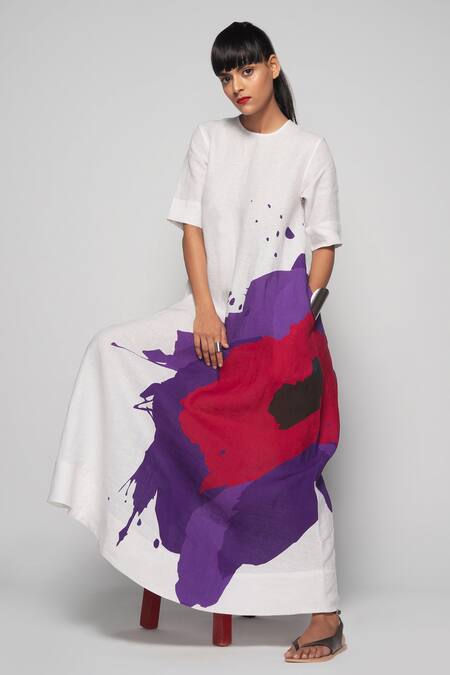 Buy_Payal Khandwala_White Linen Abstract Round Neck Flared Dress_Online_at_Aza_Fashions