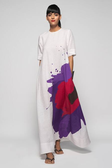 Payal Khandwala_White Linen Abstract Round Neck Flared Dress_Online_at_Aza_Fashions